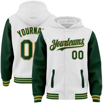 Custom White Green-Old Gold Bomber Full-Snap Varsity Letterman Two Tone Hoodie Jacket